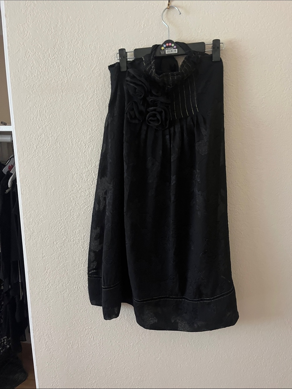 Black Floral Midi Dress with Rosette Neckline
